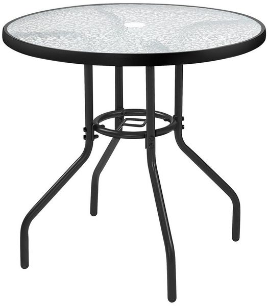Yaheetech Gartentisch mit Schirmloch & Glasplatte, schwarzes Metallgestell, Ø 70 x 73 cm