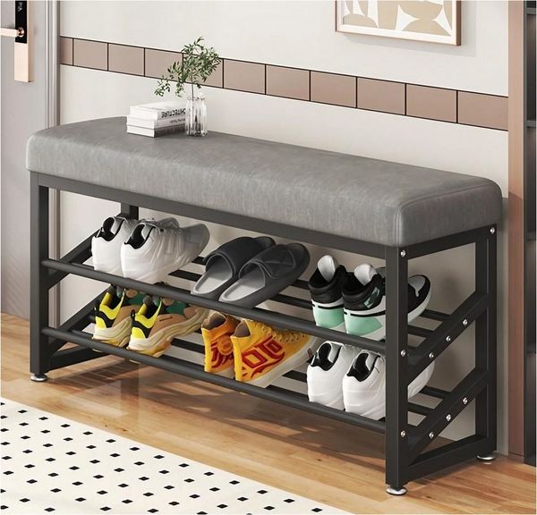 HTI-Living Schuhregal Metall 2 Ebenen mit Sitzkissen Grau, 1 Stück 1-tlg, Sitzbank