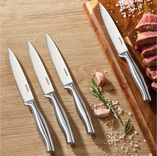 D.Perlla Steakmesser Steakmesser-Set aus Edelstahl, 12-teilig, mit Mikro-Wellenschliff (9 Stück), gebogener, ergonomischer Griff, einteilige Konstruktion aus Edelstahl
