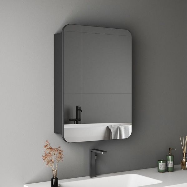Hopibath Spiegel Schrank Alu Spiegelschrank Badezimmer Rechteckig Schwarz 50x70 40x60 cm (Badezimmerspiegelschrank Wandschrank Badschrank, Doppelseitiger Spiegel, Softclose-Scharnieren), Verstellbare Glasböden, vormontiert geliefert