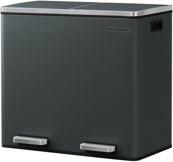 Songmics Mülleimer, Abfalleimer, Mülltrennsystem mit 2 Fächern, Treteimer für die Küche, 2x24 L, Softclose, Inneneimer aus Kunststoff, mit Fußpedalen und Handgriffen, rauchgrau, 58. 5 x 32 x 54. 5 cm