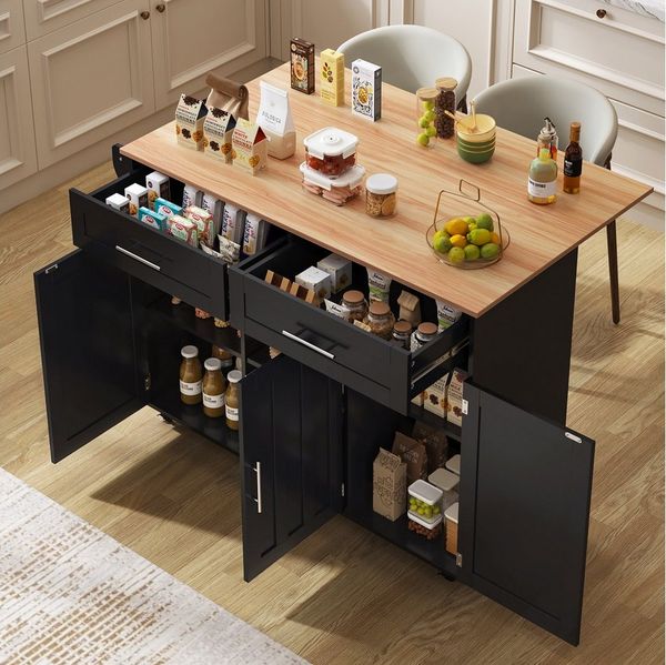 i@home Kücheninsel mit Klapptisch & Stauraum - 129x46(71)x91,5cm Esstischwagen, (Anrichte mit 5 Rädern,2 Schubladen und verstellbaren Inneneinlegeböden)