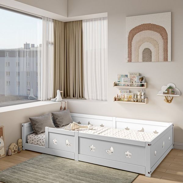 SEEZSSA Einzelbett Massivholzbett Holzbett Weiß Einzelbett mit Kopf und Fußteil Bett (90x200 cm Montessori Bodenbett Bett), mit Lattenrost und Rausfallschutz,Weiß-D