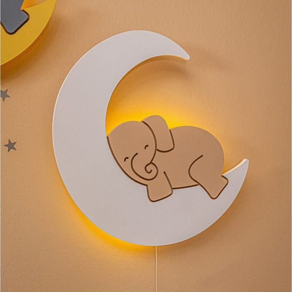 COZYCOLLECTIONS LED Wandleuchte Handbemaltes LED-Wandnachtlicht „Elefant auf dem Mond“ in Holzoptik, LED, Warmweiß, Montessori-Design: ruhige Formen, warmes LED, kabellos