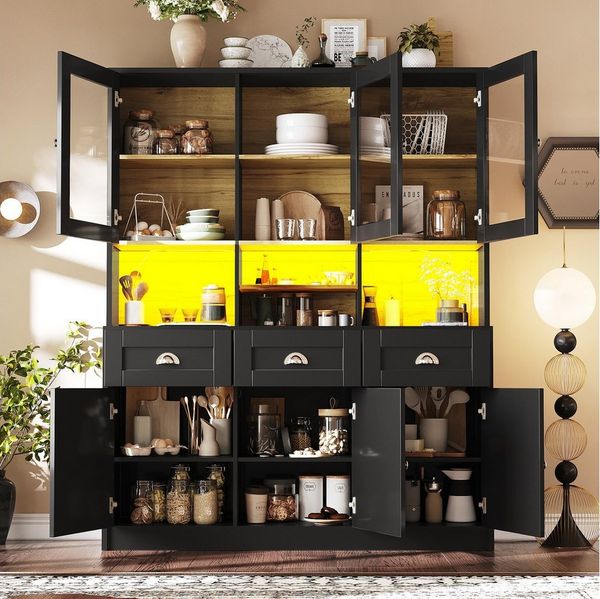 Flieks Küchenbuffet mit LED-Beleuchtung und verstellbaren Einlegeböden (1-St, B140/T40/H175 cm) Hochschrank Küchenschrank Geschirrschrank mit Schubladen und Acryltür