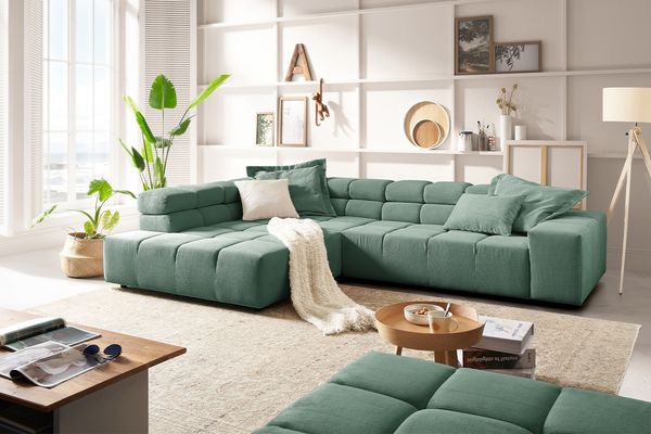 KAWOLA Sofa NEVADA Ecksofa Feincord grün Recamiere links 70 x 215 x 319 cm