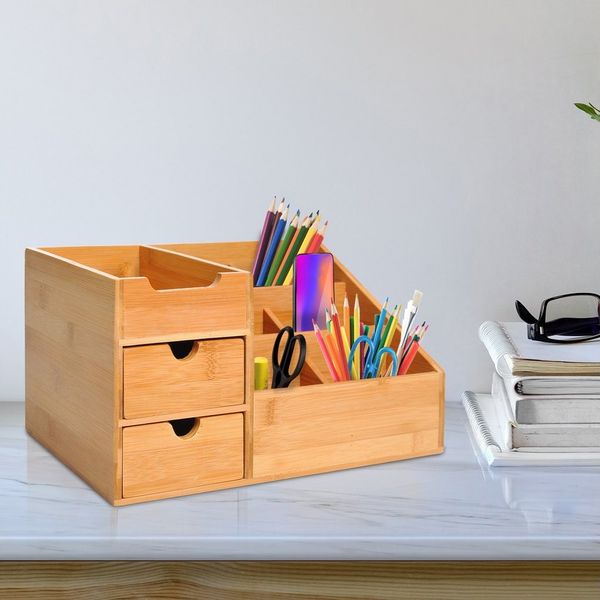 HOMCOM Organizer Aufbewahrungsbox Büro Box Organisation (Schreibtischorganizer, 1 St, 2 Schublade), Naturholz 33 x 20,5 x 15,5 cm