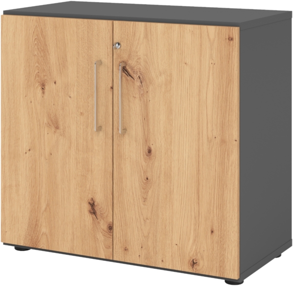 bümö Aktenschrank abschließbar, Büroschrank Holz 80cm breit in Graphit/Asteiche - abschließbarer Schrank mit Aktenregal für's Büro & Arbeitszimmer, Büro Möbel Ordnerschrank mit Schloss, 928T2-G-R-BS