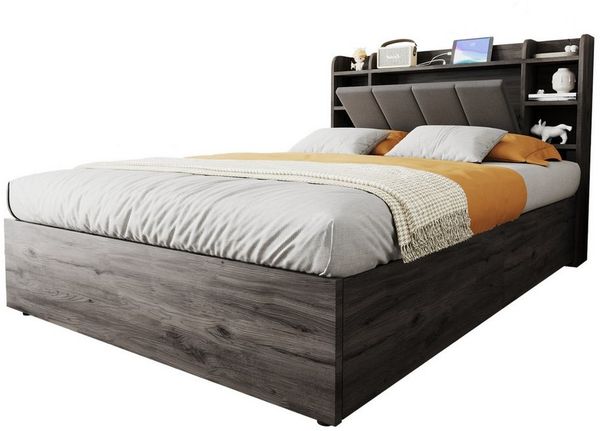 BlingBin Stauraumbett Holzbett Hydraulisches Bett, Kopfteil mit Stauraum (1er Set, 1-tlg, 140x200 cm Doppelbett, Jugendbett), Ausgestattet mit USB-Anschluss und Tape-C-Steckdose (ohne Matratze)