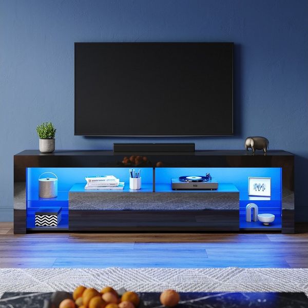 SONNI TV-Schrank Lowboard TV Schrank Schwarzer mit RGB-Lichteinblendung 140-180cm Mit 12 LEDs, Fernsehtisch mit Glas-Scheiden für Wohnzimmer