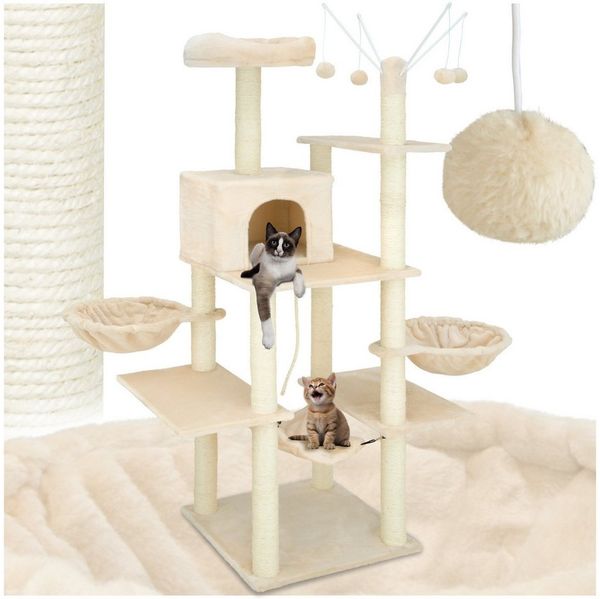 tectake Kratzbaum Katzenbaum Lilou 165 cm Diverse Farben (Beige), Vielseitig mit robusten Sisalstangen und Plüschoberfläche