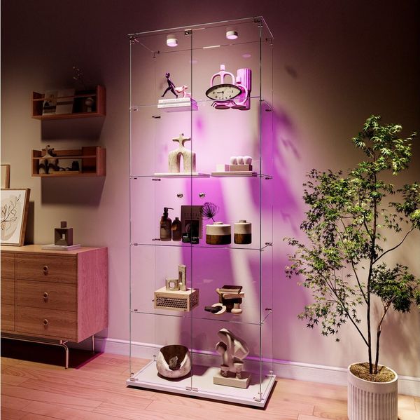 Furnishings Home Glasvitrine Standvitrine LED 5 Lagen Sammlervitrine Vitrinenschrank hoch 186 cm (1-St, Mit großem Stauraum, 2 Türen, 78.5×34.5×186.5cm) Mit LED-Beleuchtung Türschloss, für Wohnzimmer Schlafzimmer Büro