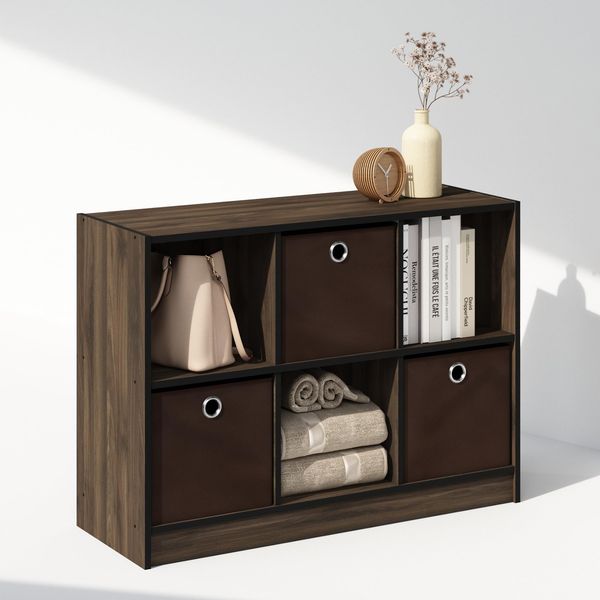 Furinno Cubic Kleiderschrank-Organizer und Aufbewahrung, 6-Fach Würfelregal mit Boxen, Offenes Regal Kleiderschrank-Aufbewahrung, Columbia Walnuss/Dunkelbraun