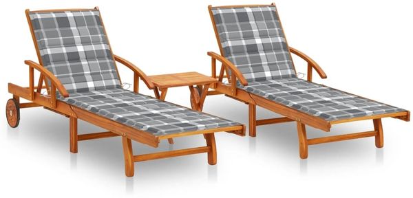 vidaXL Sonnenliegen 2 Stk. mit Tisch und Auflagen Massivholz Akazie 3077359