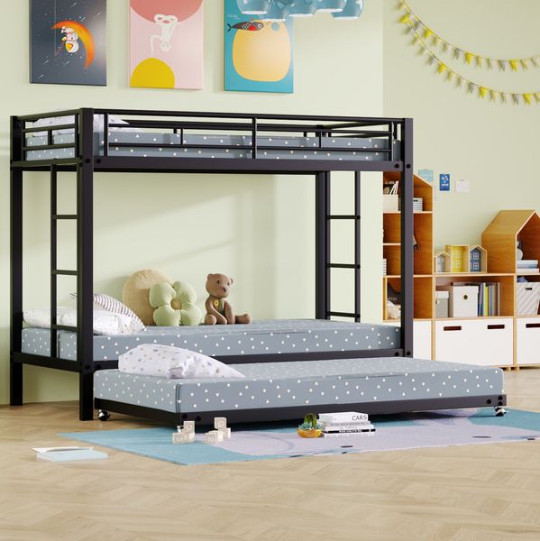 Bett 90x200 cm Etagenbett mit Ausziehbett und hohem Geländer – Metallrahmen, schwarz