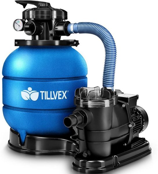 tillvex Sandfilteranlage 10 m³/h Filteranlage + 800g Filterbälle 7-Wege Ventil Poolfilter, Filterkessel mit Druckanzeige Sandfilter für Pool und Schwimmbecken