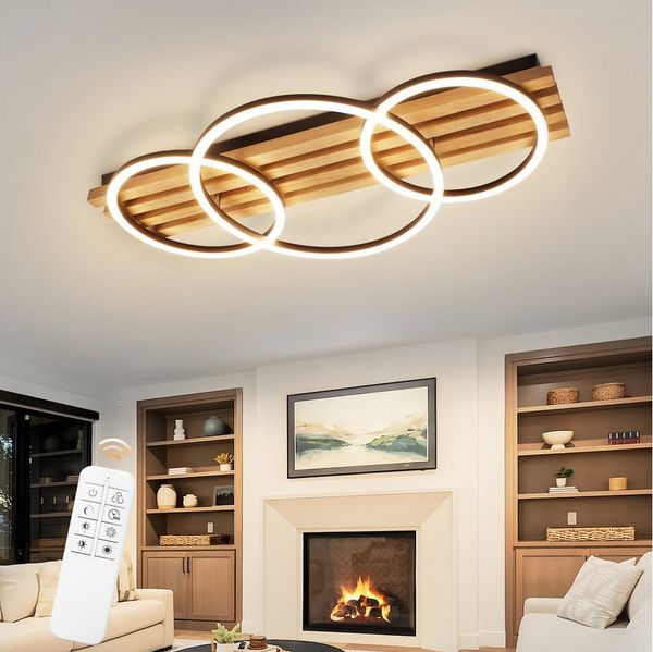 Nettlife LED Deckenleuchte Dimmbar Holz 3 Ringe 46W Modern Deckenlampe 70cm Wohnzimmer, mit Fernbedienung, LED fest integriert, für Schlafzimmer Büro Küche