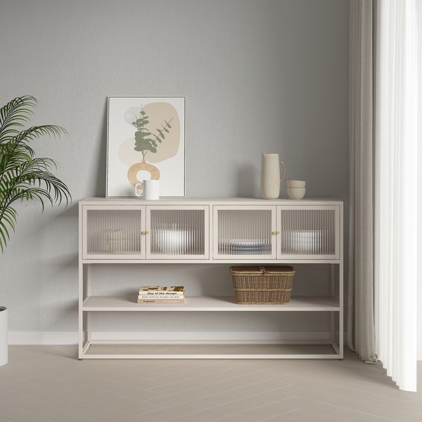 Sideboard Säkylä mit 4 Glastüren 150x38x90 cm Stahl Kamelfarben [en. casa]