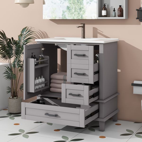 Bodenstehender Badezimmerschrank mit Waschbecken, Waschtisch, komplett lackiert, Türregal, drei geräuschlose Schubladen, integriertes Keramikwaschbecken, Grau, 76 x 46 x 83,5cm