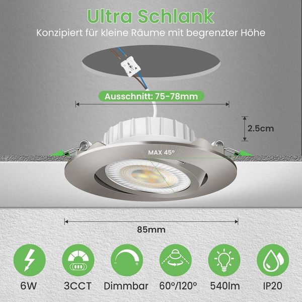 ALUSSO LED Einbauleuchte 6er-Set, ED-Einbau-Spot, 6W, 3CCT, schwenkbar, Ø76/25mm, 3000K/4000K/6500K, 540lm, nickel