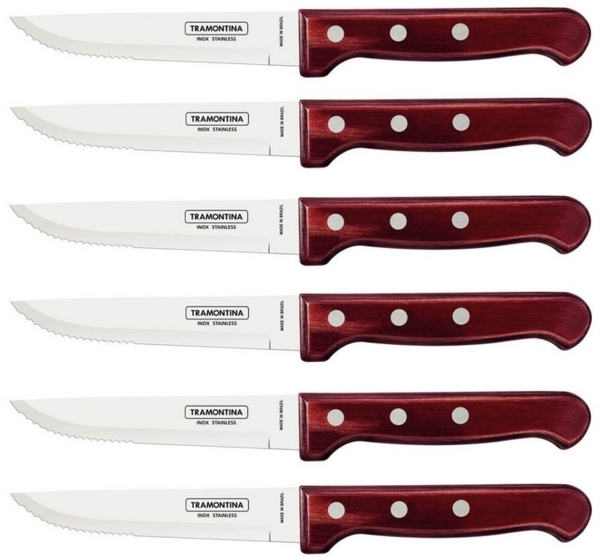 Tramontina Steakmesser GAUCHO - 6-teiliges Set, mit FSC Holzgriff (6 Stück), Echtholzgriff FSC, rostfreier Edelstahl, spülmaschinenfest