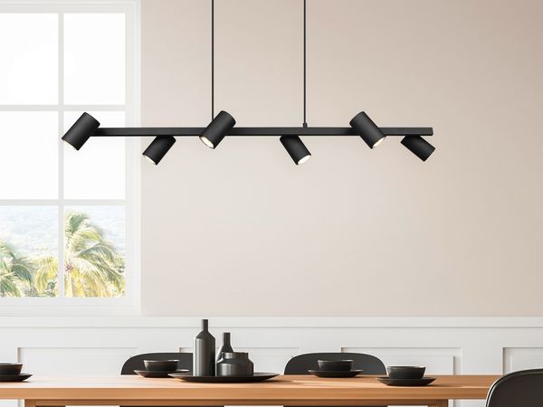 Balkenpendelleuchte MARLEY 6-flammig lang in Schwarz, Breite 115cm