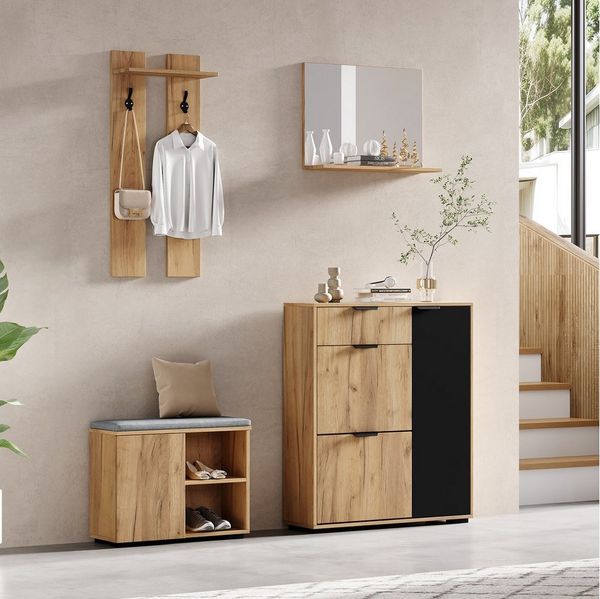 REDOM Garderoben-Set für Flur, Eingangsbereich & kleine Wohnungen, (mit Schuhbank und Schuhschrank in Naturfarben und Schwarz, 4-St, B140× T35 × H139 cm)