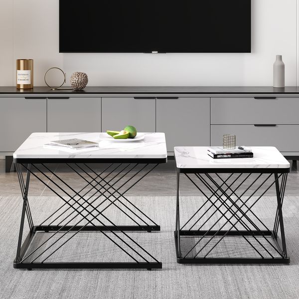 2-teiliges Couchtisch-Set in Weiß mit hochglänzender Marmoroptik, quadratische Beistelltische aus MDF mit höhenverstellbaren Füßen