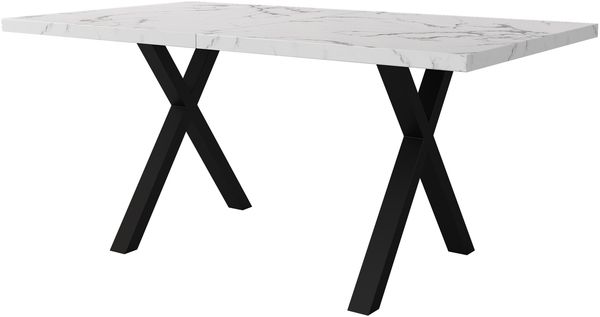 Esstisch 140 x 80 x 76 cm, MDF in weißer Marmoroptik, Metallgestell mit Kreuzbeinen Bild 4