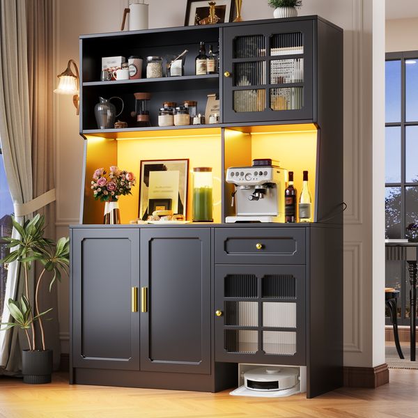 Küchenschrank (130 x 45 x 180 cm), hoher Küchenschrank, Sideboard, Küchenschrank mit Glastüren und LED-Beleuchtung, Schwarz