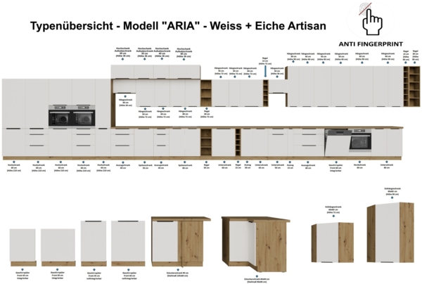 Küchen Aufsatzschrank 80 cm ARIA Weiss ultra matt + Eiche Artisan matt, hochwertige Fronten mit Anti Fingerprint Beschichtung Küchenzeile Küchenblock Bild 6