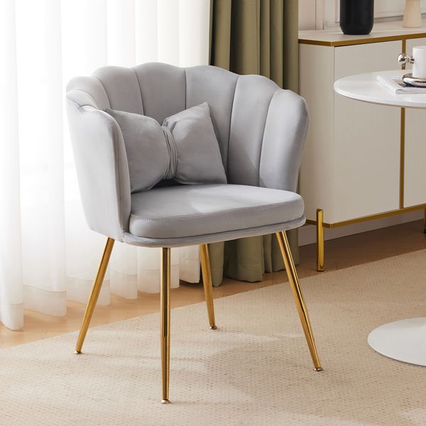 Eleganter Samt Blütenblatt Sessel mit vergoldeten Metallbeinen – Bequemer Polstersessel für Wohnzimmer,Grau