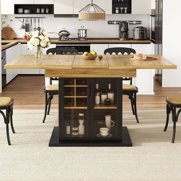 Flieks Esstisch ausziehbarer Küchentisch mit Glastüren und Weinregal (110-140×80x76 cm, 1-St, 1 Tisch), erweiterbarer Tisch rechteckig Schreibtisch Bürotisch aus MDF