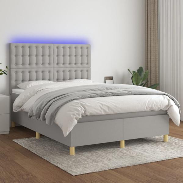 vidaXL Boxspringbett mit Matratze & LED Hellgrau 140x190 cm Stoff 3135749