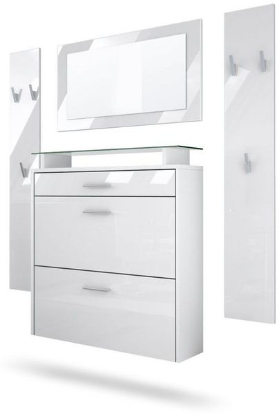 Vladon Garderobe Malea, Garderobenset bestehend aus 1 Hängeschuhschrank, 1 Wandspiegel und 2 Garderobenpaneele, Weiß matt/Weiß Hochglanz