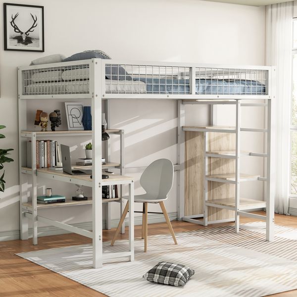 Hochbett 140 × 200 cm aus Metall und MDF mit Schreibtisch, Regalen und Kleiderschrank, weiß