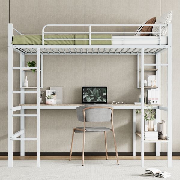 Hochbett 140x200 cm, Metallrahmen mit Schreibtisch, großem Bücherregal und Rausfallschutz, Weiß