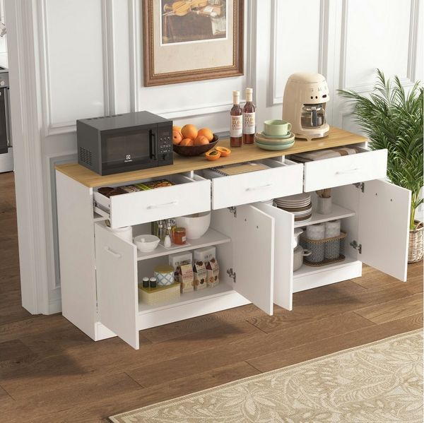 REDOM Sideboard 160 x 76,5 x 37 cm Verstellbare Einlegeböden, geräumige Arbeitsfläche (Packung, 1 St, 160 cm Kücheninsel in Weiß mit Holzplatte, 3 Schubladen), Stilvolles Sideboard für Küche, Esszimmer & Wohnbereich