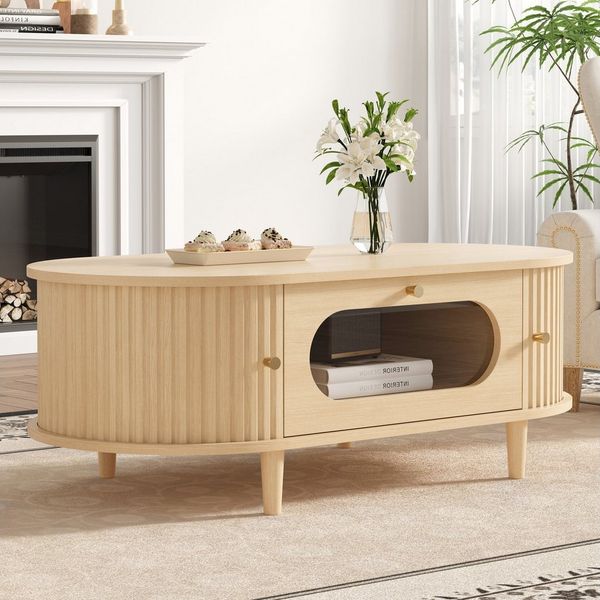 Merax Couchtisch in Holzoptik, Sofatisch Beistelltisch Kaffeetisch (1-St), Wohnzimmertisch mit Schublade, 2 Rolltüren & Stauraum, 100 x 50 x 36 cm