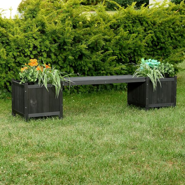 Gartenbank mit 2 Blumenkästen Garten Bank 2in1 Blumenkasten Holzbank schwarz