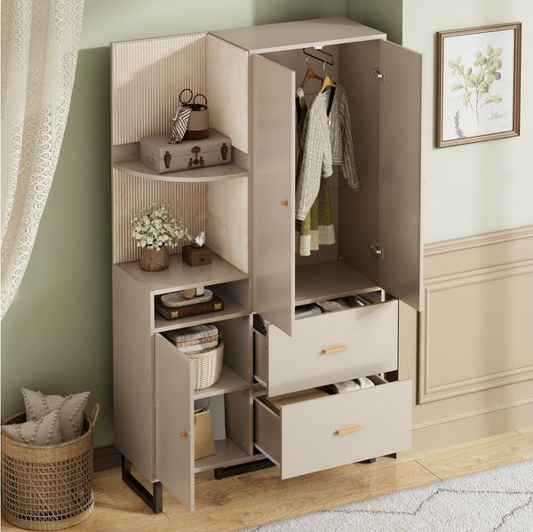 Merax Kompaktgarderobe mit Polsterpaneelen (Garderoben-Set Flurgarderoben Set Scandi, 1-St, 110x38x186 cm) Dielenschrank mit Schuhschrank, Regalfächern & Soft-Close-Türen