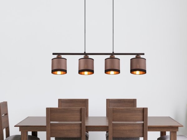 Balkenpendelleuchte DAVOS 4-flammig, Stoffschirme Taupe/Gold, Breite 75cm