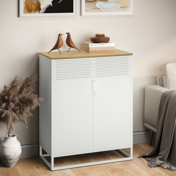 skølm 'Izar' Kommode, Metall mit MDF-Ablagefläche, weiß, 100x80x40 cm, Metallschrank mit 2 Fächern