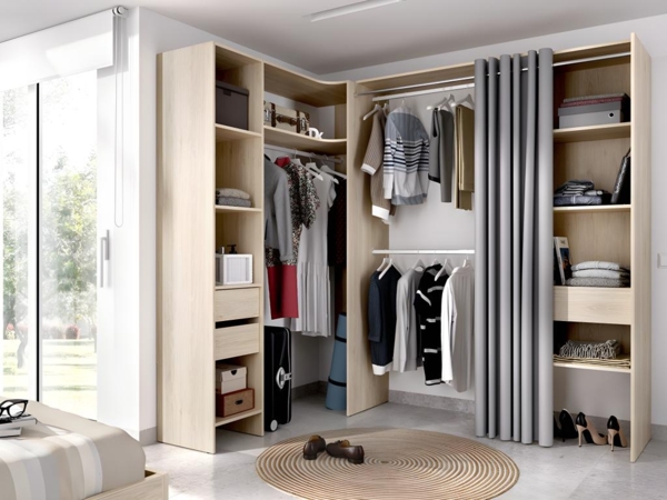 Vente-unique - Eckkleiderschrank Kleiderschranksystem - B. 164/214 cm - Eichefarben & Grau - GONTRAN