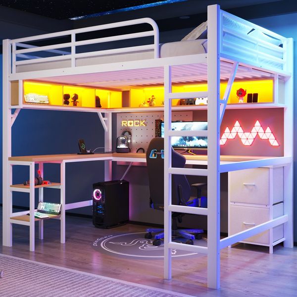 Hochbett mit Schreibtisch, Lattenrost, Regal, LED, Steckdosen, USB und Schubladen, 140x200cm, Jugendbett, Metallbett