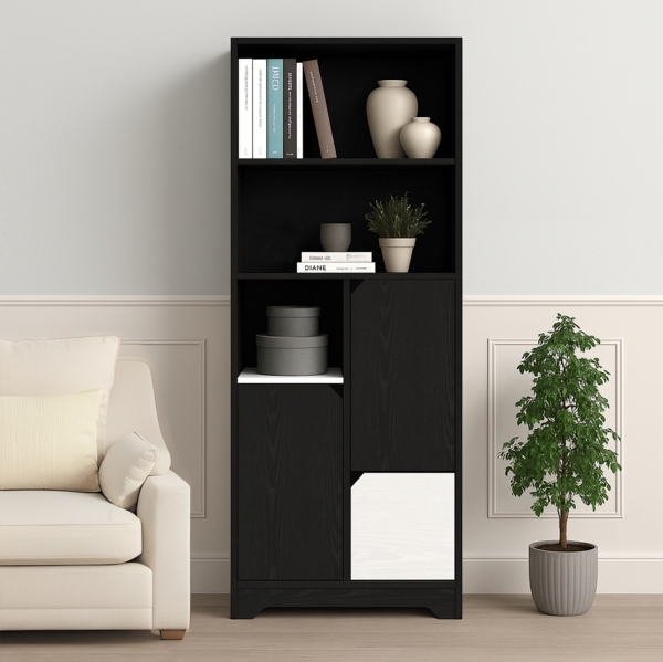 Bücherregal mit Tür & Schubladen, Schwarz-Weiß, 60 x 35 x 160 cm