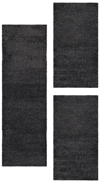 Teppium Teppich Unicolor - Einfarbig, Rechteckig, Höhe: 50 mm, Schlafzimmer Teppich Bettumrandung Läufer Set 3 teilig Grau