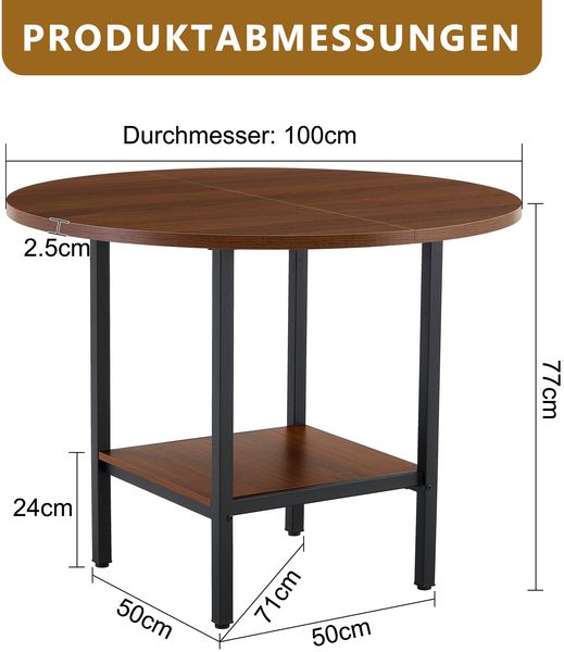 Moderner runder Esstisch mit Stauraumregal, Walnuss-Holzmaserung & Metallrahmen, 100cm Durchmesser, 4–6 Personen, ideal für Küche, Esszimmer & kleine Räume Bild 6