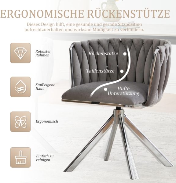 LVHOM Esszimmerstuhl 2er-Set, 180° drehbar mit runden Rückenlehne, Wohnzimmerstuhl aus Samt, bis 150 kg, für Homeoffice Bild 4