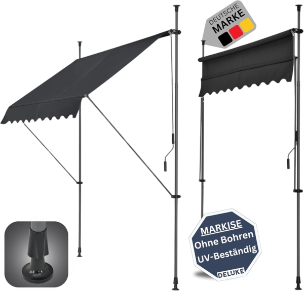 DELUKE® Klemmmarkise 200cm breit - mit Handkurbel Balkonmarkise ohne Bohren Sonnenschutz UV-beständig Sonnenmarkise höhenverstellbar Markise mit Gestell 200x120x200-300cm Schwarz